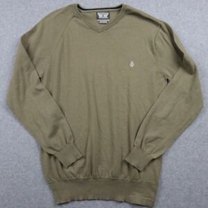 Volcom Sweater Mens Small Lightweight Pullover Knit V-Neck Logo Tan Long Sleeve